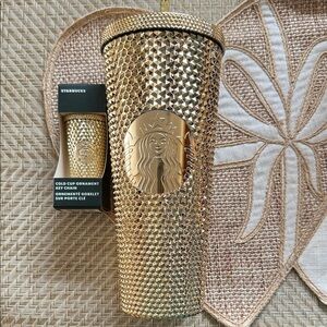 Starbucks Gold Diamond Textured Tumbler & Ornament Key Chain